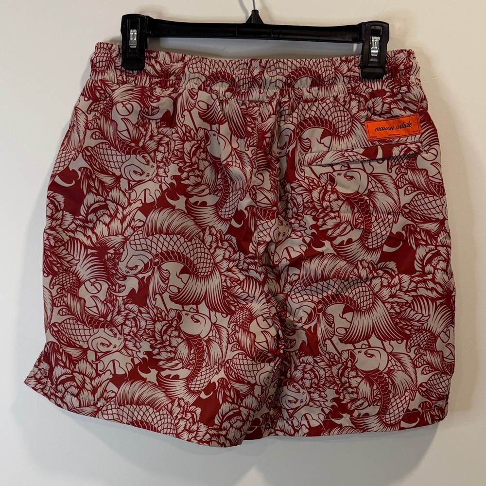 Red Koi-Print Flat Front Men's Shorts with Drawstring - Picture 3 of 5